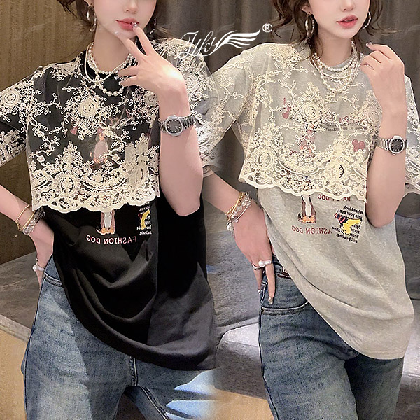 简约休闲气质百搭拼接蕾丝T恤女