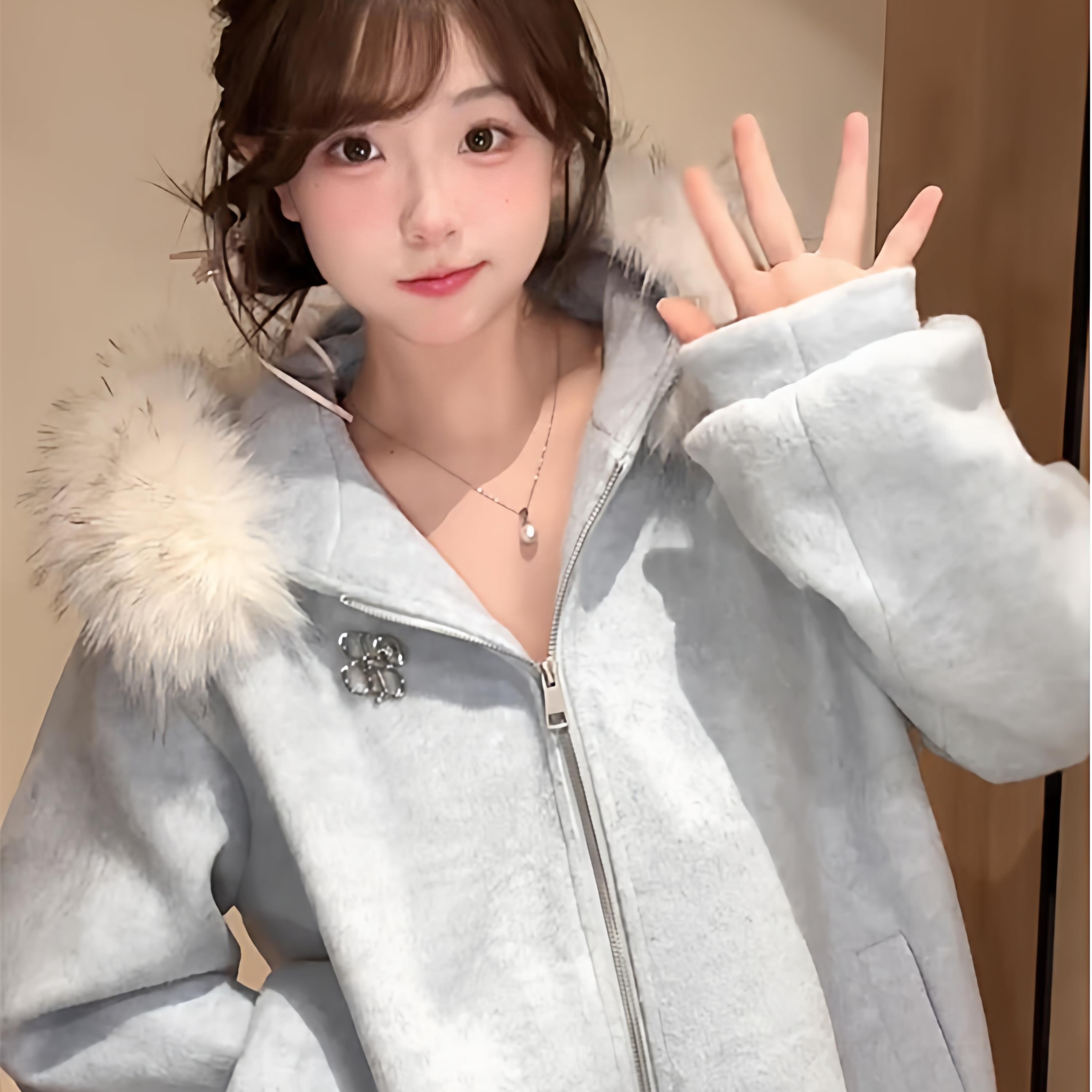 美式复古高街毛领连帽针织外套女秋冬2025新款加厚宽松慵懒风上衣