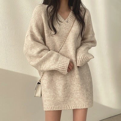 V领正肩针织衫毛衣女款秋冬大码胖mm显瘦中长款遮屁股打底衫上衣