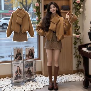 巨好看的秋冬韩系OOTD一整套深冬穿搭棕色棉服外套裙子两件套装女