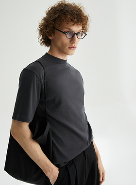 Freew强捻精梳棉深灰色春夏干爽百搭合身小立领圆领短袖T恤男