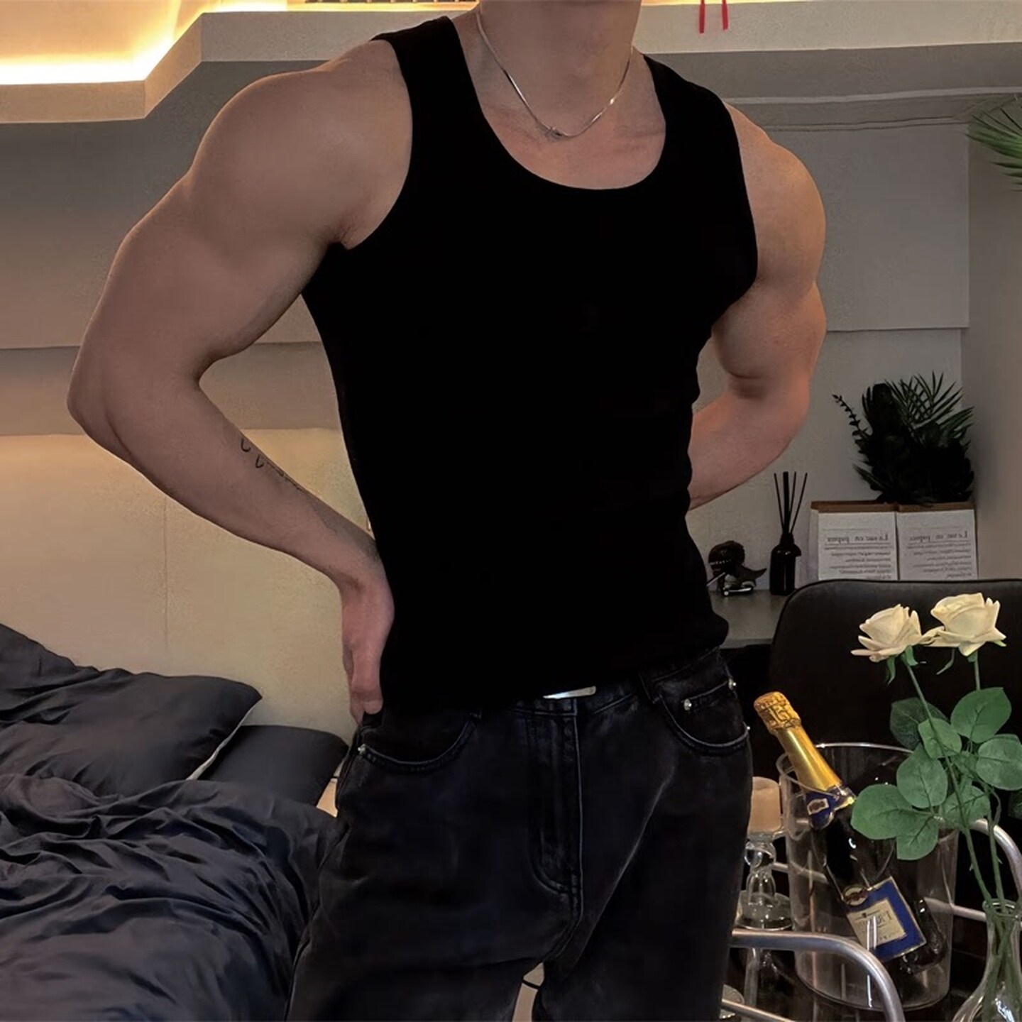 粗螺纹潮流弹力运动健身背心男圆领打底宽松大码速干肌肉训练透气