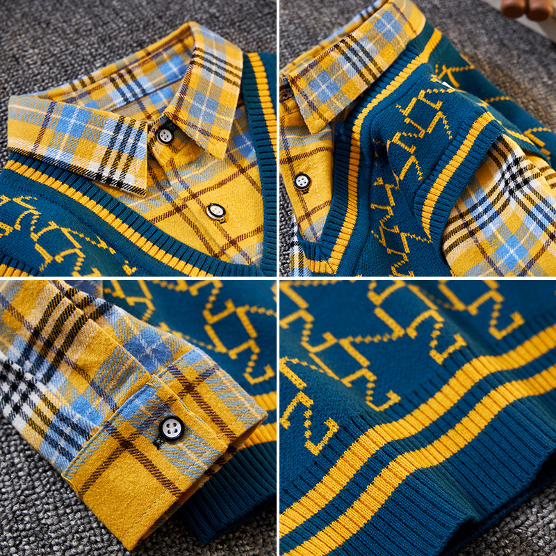 儿童针织衫男童中大童男孩毛衣背心v领马甲衬衫OO假两件2023年新