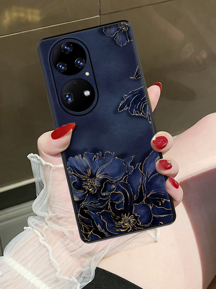 轻奢墨蓝花适用华为p50pro新款手机壳p50e复古风p40pro高端皮质mate50