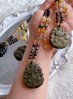 天然黑金超银曜石毛衣链金曜石许愿狐牌项链吊坠深色抖音红书爆款