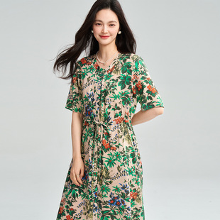 26春夏新浪漫夏日气质繁花印花法式时尚长裙绑带连衣裙