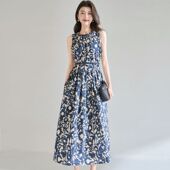 26夏季 M家设计感赫本风油画印花无袖 连衣裙腰带府绸中长裙