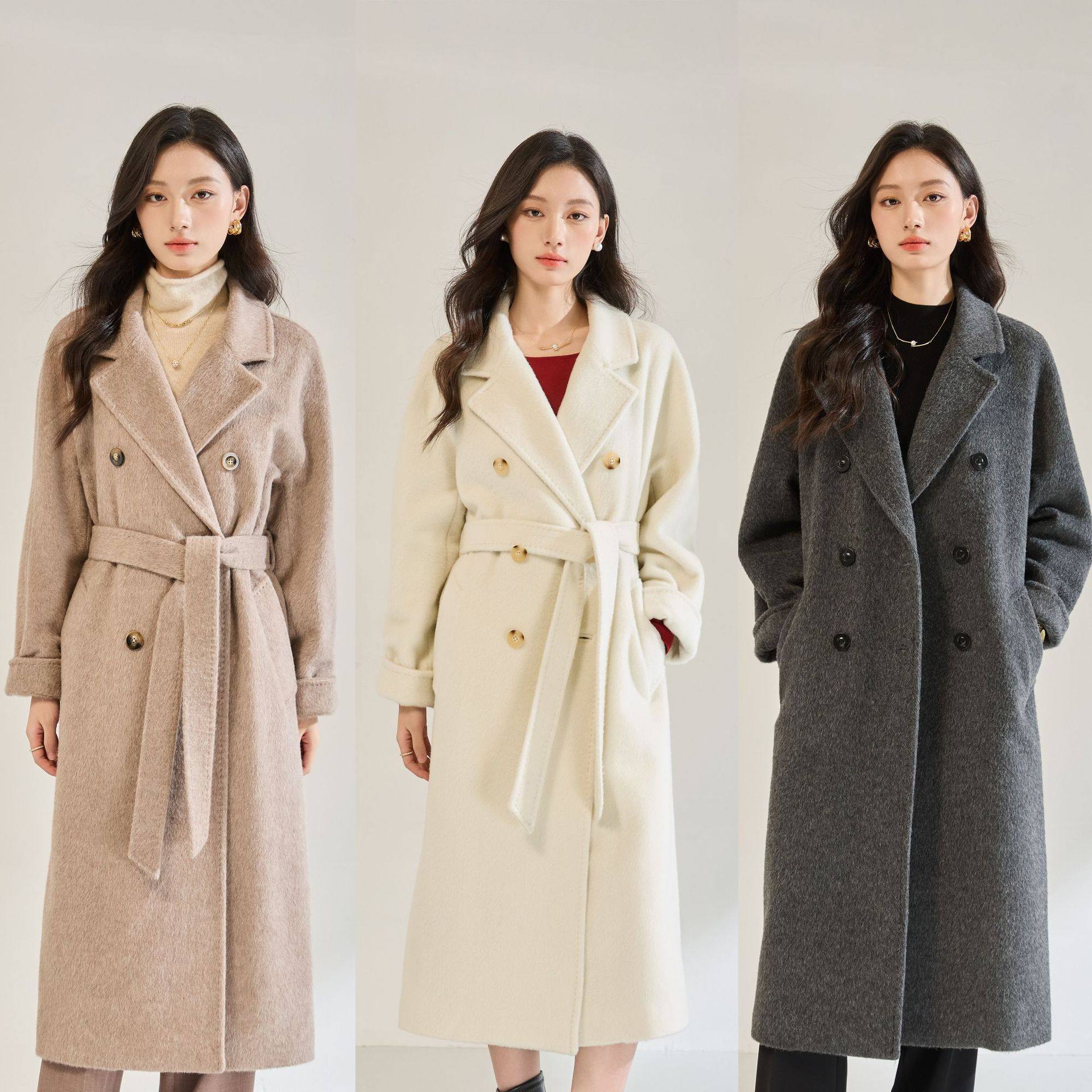 26秋冬新米咖气质高级感长毛苏丽羊毛系带毛呢外套中长款大衣女