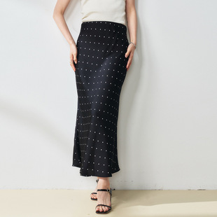 26春季新款黑色波点缎面复古鱼尾长款法式半身裙香槟粉