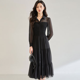 26春季优雅气质收腰抽褶灯笼袖黑色雪纺长款连衣裙