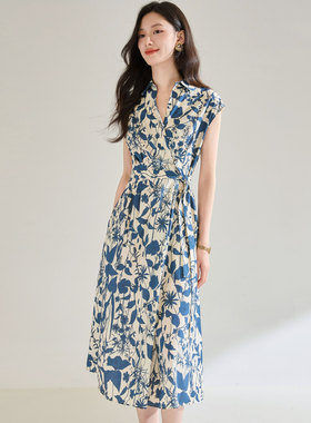 26夏季法式棉质青花蓝印花衬衫领收腰显瘦通勤气质连衣裙