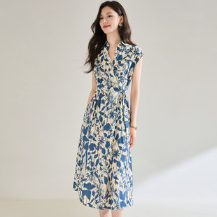 26夏季法式棉质青花蓝印花衬衫领收腰显瘦通勤气质连衣裙