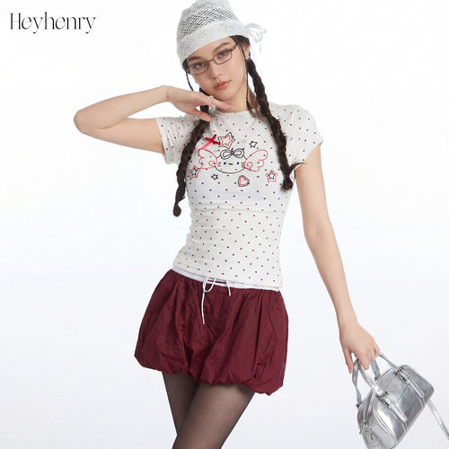 HeyHenry 夏季甜辣妹波点修身显瘦短袖T恤少女kitty百搭正肩上衣
