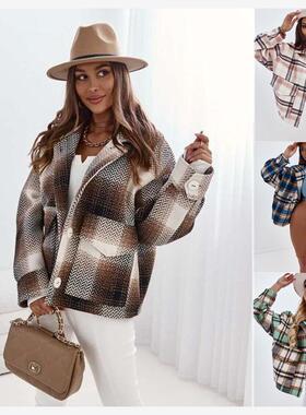 Women Fashion Style Jacket Lapel Loose Plaid Jacket Cardigan