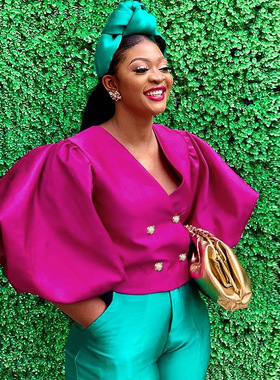 欧美大码灯笼袖钮扣开衫上衣修身短款衬衫女Plus Size Tops Women