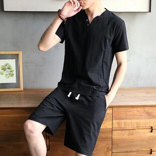 夏天男士套装棉麻料睡衣麻质上衣服复古居家服亚麻布短袖t恤短裤