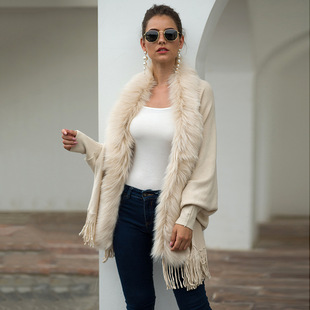 Fashion Tassel Cape Shawl Fur Collar Plain Cardigan Cardigan