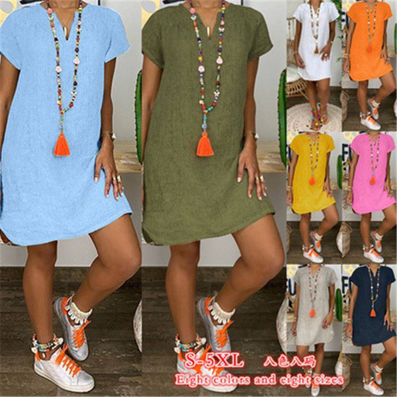 V-neck loose short-sleeved cotton and linen dress women 2021