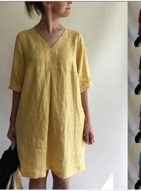 2022 v-neck solid color style cotton linen loose dress women