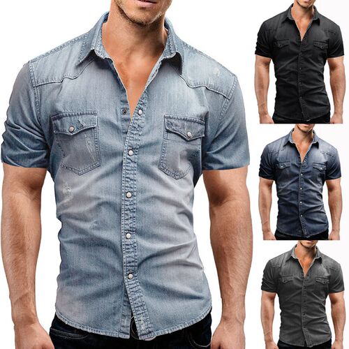Men's Summer Casual Jeans Shirt Short Sleeve Jean Shirts