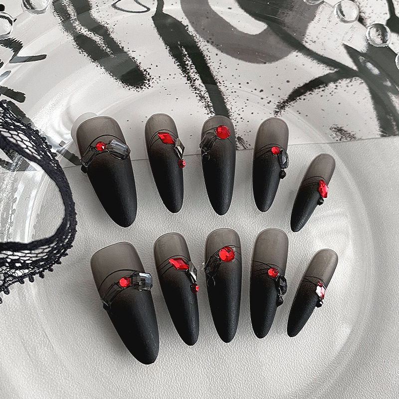 lovefix纯手工穿戴甲长水滴高级感小众磨砂黑色渐变红钻满钻甲贴