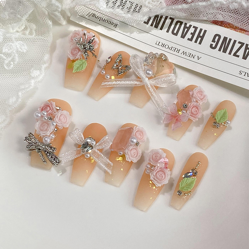 lovefix纯手工穿戴甲中长T温柔气质粉色立体玫瑰金属蝴蝶结