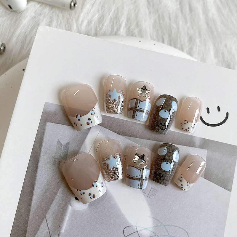 lovefix纯手工穿戴甲短T小众气质冰透裸色可爱小狗超闪星星钻甲贴