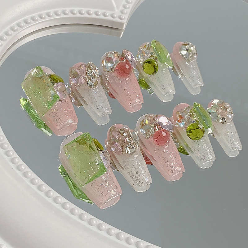 lovefix纯手工穿戴甲中T奢华重工粉绿色系爆闪满钻高级感显白甲贴