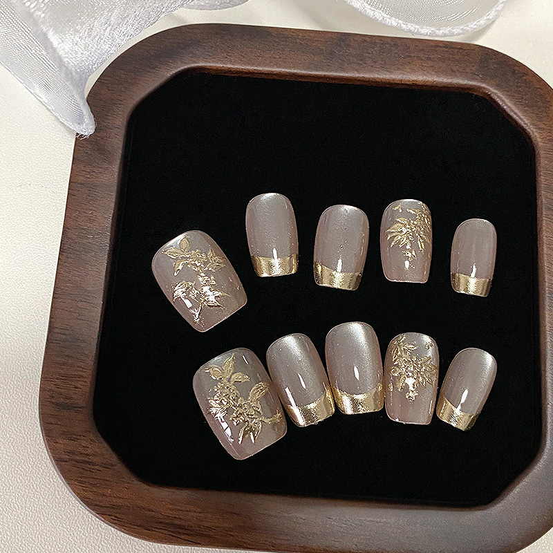 lovefix纯手工穿戴甲短短T高级法式纯欲裸粉猫眼鎏金桂花气质甲贴