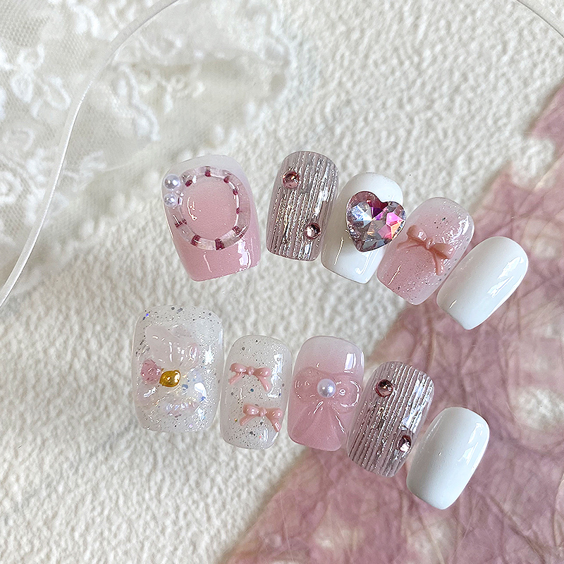 lovefix纯手工穿戴甲短T小清新粉嫩腮红立体蝴蝶结爆闪爱心钻甲贴