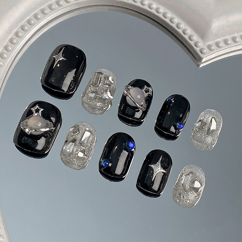 lovefix纯手工穿戴甲短T暗黑甜酷风透色细闪立体金属星球个性甲贴