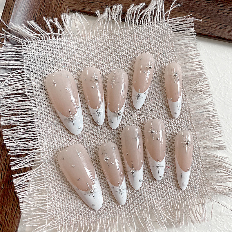 lovefix纯手工穿戴甲长水滴高级感法式冰透裸色钢珠六芒星美甲贴