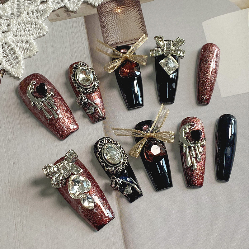 lovefix纯手工穿戴甲长T甜酷辣妹爆闪猫眼金属带钻蝴蝶结显白甲贴