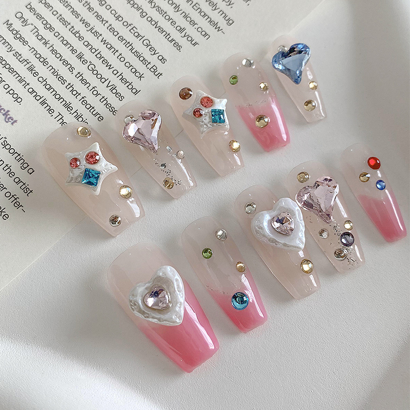 lovefix纯手工穿戴甲中T高级感冰透裸色渐变爆闪爱心钻满钻美甲贴