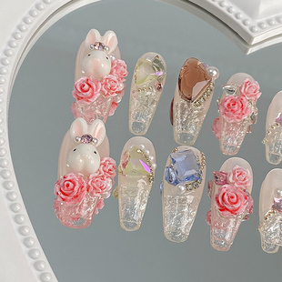 lovefix纯手工穿戴甲中长T高级玻璃感冰封玫瑰粉嫩小兔子带钻甲贴