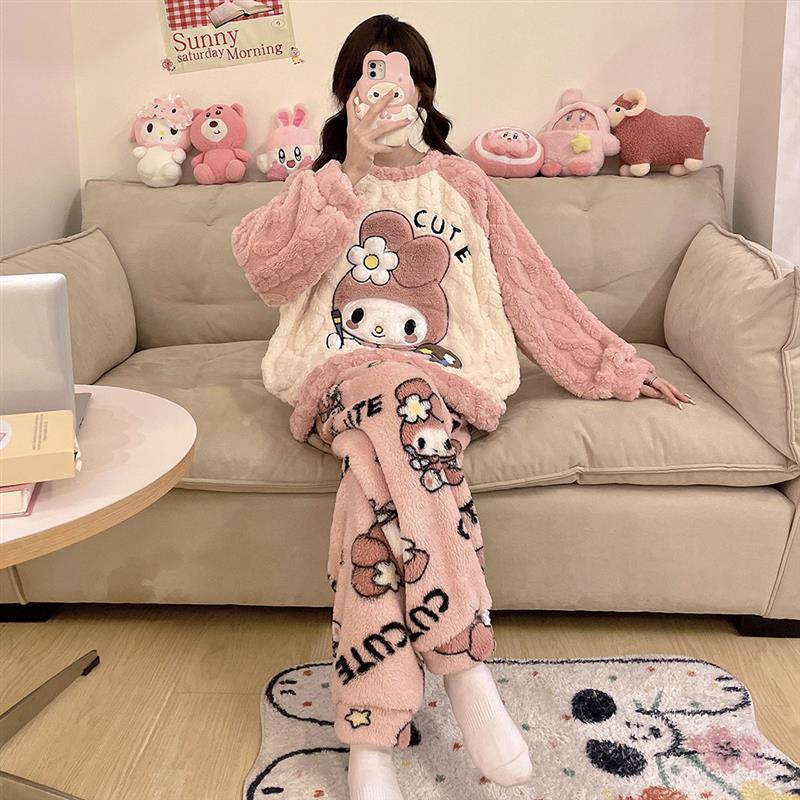 亲子母女装睡衣珊瑚绒女童加厚秋冬装中大童美乐蒂儿童家居服套装