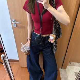 T恤女 酒红色复古纯欲显白露脐短款 上衣夏季 修身 弹力正肩纯色短袖