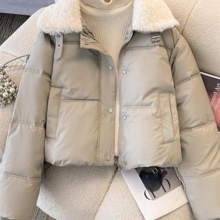 PU皮棉服女冬季爆款2025年新款羽绒棉衣短外套羊羔绒毛领拼接棉袄