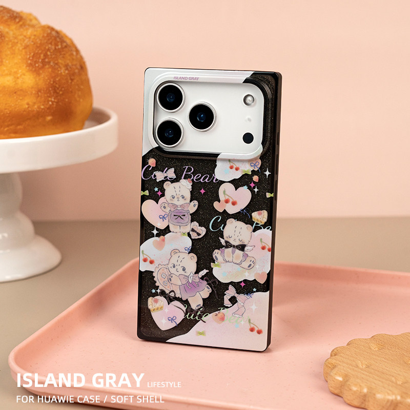 灰岛 小熊粉色天空透黑方形手机壳 双层印花 适用于苹果iPhone17 16 15 14 Pro Max 原创设计 可爱涂鸦童趣,3C数码配件,手机保护套/壳,淘宝优惠券,粉丝福利购,淘宝优惠卷
