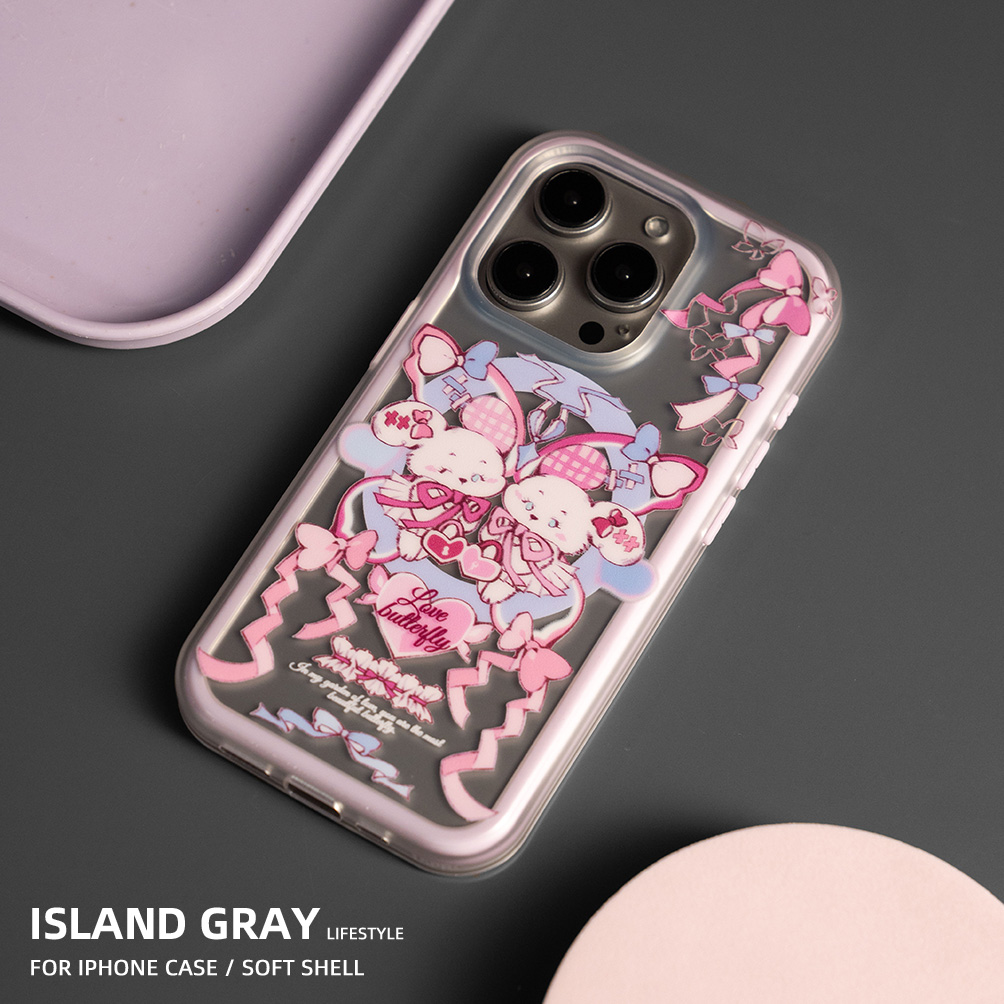 灰岛 猫咪浅紫蝴蝶手机壳 原创设计双层印花 适用于苹果iPhone16 15 14 13 ProMax  涂鸦可爱少女 小众高级感