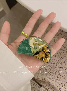 韩国复古绿色气质抓夹法式清新橄榄绿图腾拼接醋酸发夹夹假发发箍