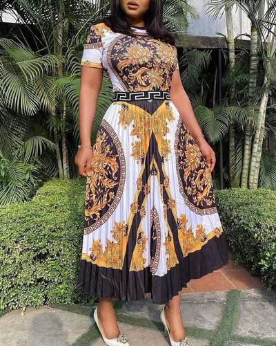 2021 large fashion high waist long skirt printed Pleated Dre