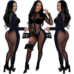 Sexy mesh see-through stitching black jumpsuit club dress