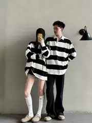 Long-Sleeved T-Shirt with Black and White Stripes, Unisex, Personalized Oversize Loose Casual Base Shirt, Versatile and Trendy