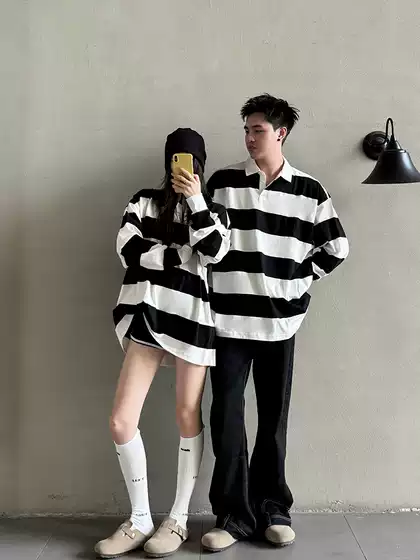 Long-Sleeved T-Shirt with Black and White Stripes, Unisex, Personalized Oversize Loose Casual Base Shirt, Versatile and Trendy