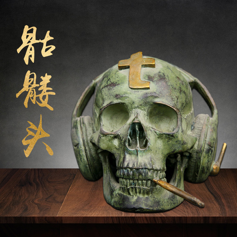 黄铜骷髅头戴耳机摆件创意礼品 理发店酒吧装饰摆件