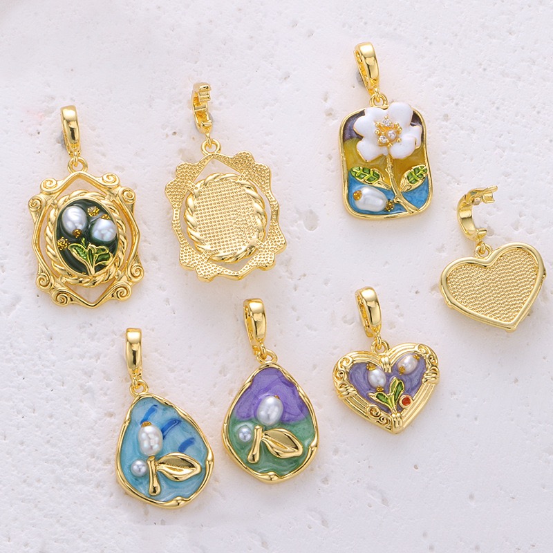 莫奈花园吊坠牌油画风淡水真珍珠万能扣吊坠复古DIY配饰珐琅非遗