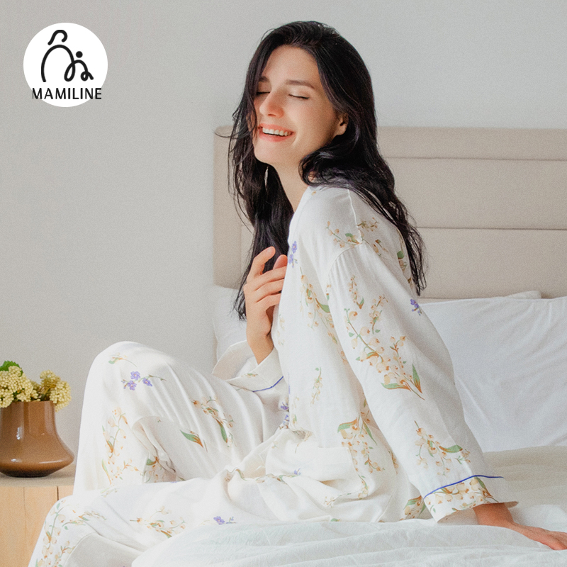 MAMILINE超柔双层纱月子服竹棉斜襟款孕妇睡衣产后产妇哺乳衣秋冬