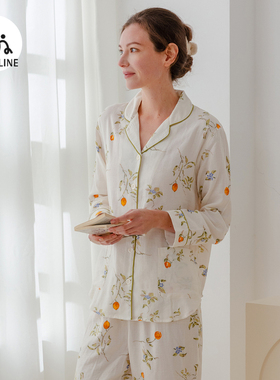 MAMILINE竹棉双层纱布产后睡衣女孕妇睡衣印花家居服四季款