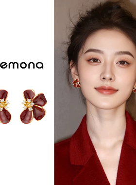 复古红色花朵耳夹无耳洞轻奢高级感气质耳环秋冬小众设计圣诞耳饰